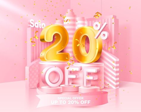 Premium Vector | 20 off. discount creative composition. 3d sale symbol with decorative objects, golden confetti, podium and gift box. sale banner and poster. vector illustration. Facebook Poster, Party Design Poster, Creative Composition, Black Friday Sale Banner, Artsy Background, Collection Letter, Font Setting, Sale Banner, Icon Collection