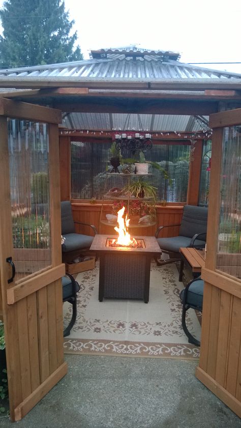 Roof Over Fire Pit Area, Diy Gazebo With Fire Pit, Enclosed Fire Pit Area, Gazebo With Fire Pit Ideas, Diy Enclosed Gazebo, Under Gazebo Ideas, Soft Top Gazebo Ideas Backyard, Fire Pit Shelter, Gazebo Fire Pit Ideas