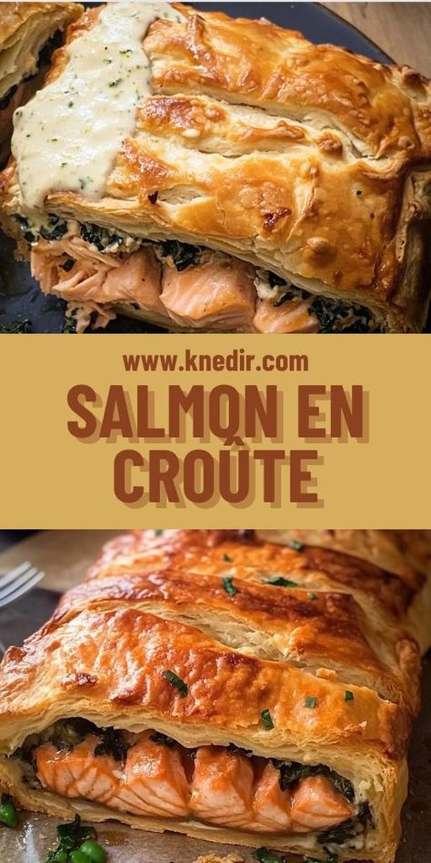 Elevate your dinner game with this elegant Salmon en Croûte recipe! 🐟 Perfectly baked salmon wrapped in a flaky, golden puff pastry, this French classic is surprisingly easy to make. Serve it for a special occasion or a cozy dinner at home! 🥂 Whether you're new to French cooking or a seasoned chef, this salmon recipe will wow your taste buds. 🍽️ #SalmonEnCroûte #FrenchCuisine #ElegantDinner #SeafoodRecipe #EasyFrenchRecipes #SalmonRecipe #DinnerIdeas Salmon Recipes Unique, Salmon For A Crowd Dinners, Salmon On Croute Recipe, French Entrees Dinner, Salmon Rockefeller Recipe, Salmon In Puff Pastry Recipes, Holiday Salmon Recipes, Salmon In Pastry Recipe, Cold Salmon Recipes