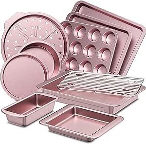 HONGBAKE Bakeware Sets, Baking Pans Set, Nonstick Oven Pan for Kitchen with Wider Grips, 10-Pieces Including Rack, Cookie Sheet, Cake Pans, Loaf Pan, Muffin Pan, Pizza Pan - Pink Cookie Sheet Cake, Muffin Pan Pizza, Baking Pans Set, Cake Pan Set, Oven Pan, Square Cake Pans, Pizza Pan, Sheet Cake Pan, Pan Pizza