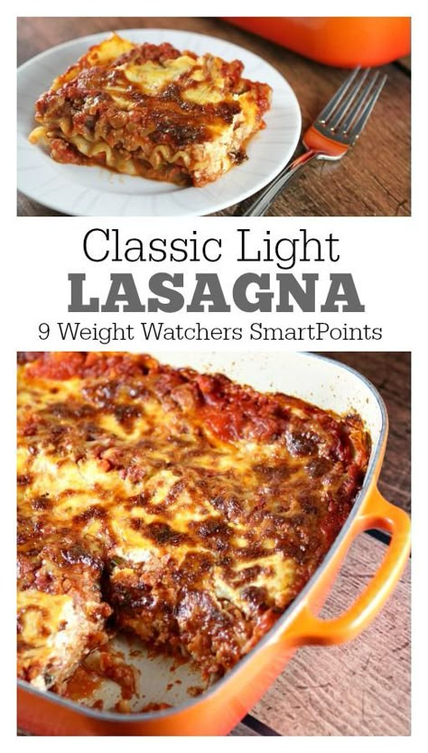 Classic Light Lasagna Recipe - this is the best lasagna ever, and it has been lightened up!  364 calories and 9 Weight Watchers SmartPoints per serving. Light Lasagna Recipe, Weight Watchers Lasagna, Homemade Lasagna Recipes, Plats Healthy, Cooking Light Recipes, Weight Watchers Smart Points, Classic Lasagna, Homemade Lasagna, Recipe Girl