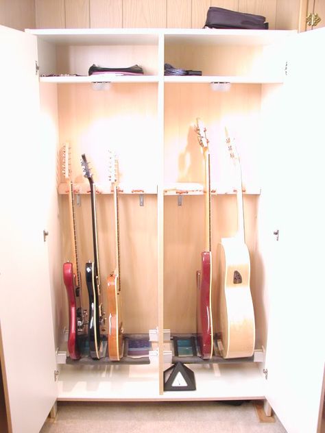 Want Your Guitars to be Protected, Humidified and Easily Accessible? (Pics Inside!) - The Acoustic Guitar Forum Ikea Guitar Storage, Guitar Storage Ideas Small Spaces, Guitar Storage Cabinet, Music Room Storage, Shared Home Office, Instrument Storage, Acoustic Guitar Tattoo, Instrument Display, Custom Acoustic Guitars