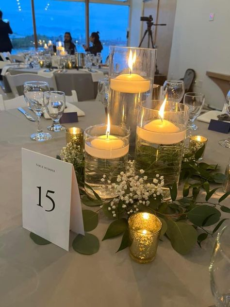 Floating Candle Wedding Centerpieces, Simple Wedding Centerpieces Round Tables, Floating Candles Wedding, Mexican Inspired Wedding, Round Wedding Tables, Bridal Shower Decorations Diy, Greenery Centerpiece, Dinner Party Decorations, Candle Wedding Centerpieces