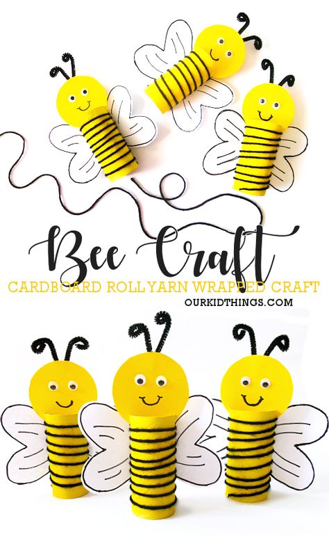 Cardboard Roll Yarn Wrapped Bee Craft Art Class For Kids, Bee Template, Bumble Bee Craft, Honeybee Art, Bee Crafts For Kids, Spring Craft Ideas, Bee Craft, Bee Printables, Cardboard Rolls