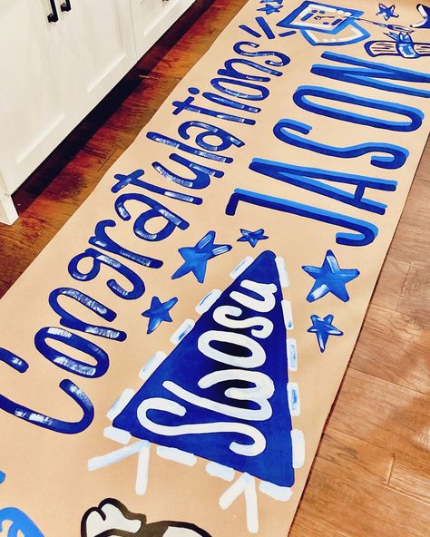 Bringing that blue💙 Banner Ideas For Cheering, Bleacher Decorations, College Game Day Signs, Blue Bulletin Board Ideas, Cheerleader Banner Ideas, Banner Ideas Design, Painted Cheer Signs For Football, Painted Football Banner, Senior Banner Ideas