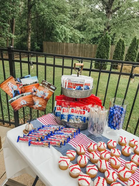 Concession Party Food, Baseball Cake Birthday, Rookie Of The Year Dessert Table, Baseball Pool Party Ideas, Baseball Party Foods, Baseball Birthday Decor, Baseball Theme Desserts, Baseball Birthday Decorations, Baseball Party Food Ideas