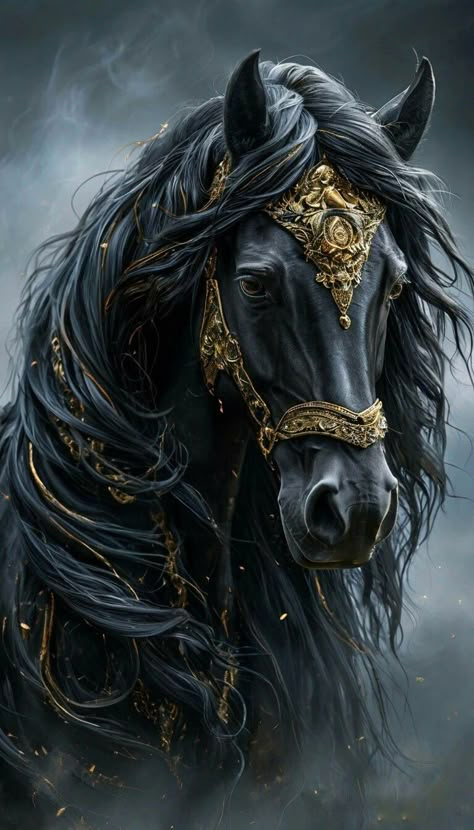 Pretty Horse Pictures, Armoured Horse, Horse Sketch Art, Magical Horse Art, Cai Arabi, Black Pegasus, Horse Art Ideas, Egyptian Arabian Horses, Pegasus Art