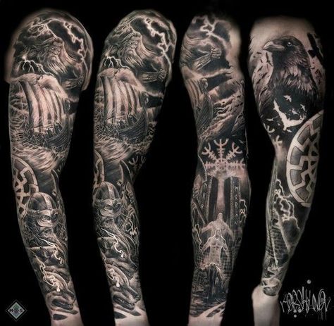 Tattoos Viking, Ship Tattoo Sleeves, Viking Tattoos For Men, Nautical Tattoo Sleeve, Viking Warrior Tattoos, Warrior Tattoo Sleeve, Norse Mythology Tattoo, Valkyrie Tattoo, Viking Tattoo Sleeve