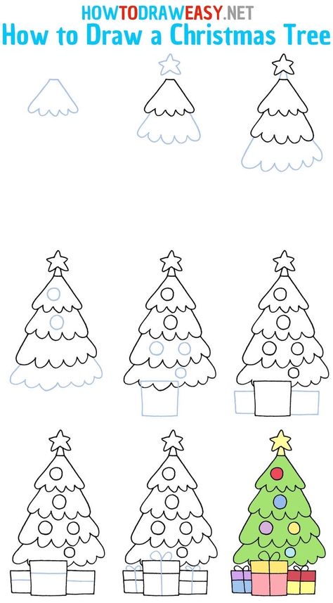 Christmas Tree Ideas Drawing Easy, Easy Draw Christmas Tree, Simple Christmas Pictures To Draw, How To Draw Christmas Tree Step By Step, Christmas How To Draw For Kids, Step By Step Drawing Christmas, Christmas Drawings Easy Step By Step, How To Draw Christmas Stuff Step By Step, How To Draw A Christmas Tree Easy