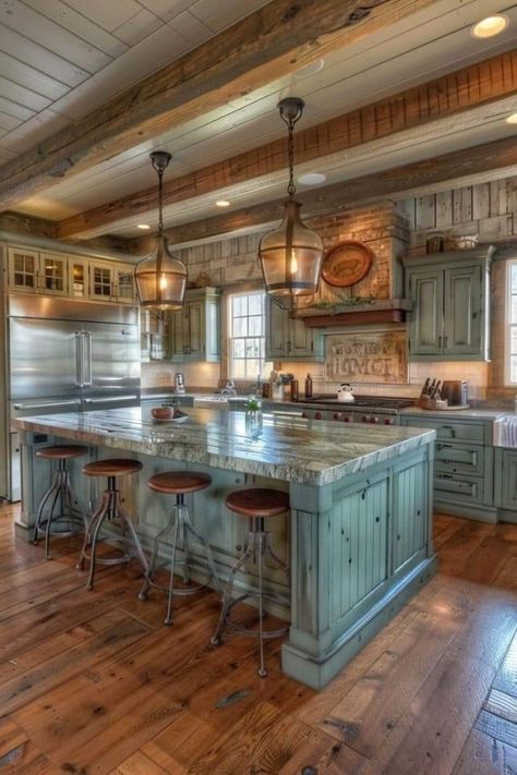 Cottage Kitchen Design, Country Cottage Kitchen, Turquoise Kitchen, Rustic Country Kitchens, Rustic Kitchen Island, Wood Kitchen Island, Rustic Farmhouse Kitchen, Diy Kitchen Island, Barn Style House