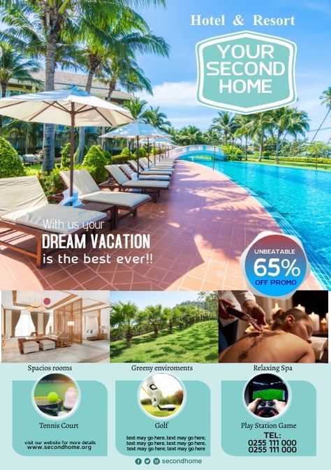 Hotel Advertisement, Resort Poster, Hotel Ads, Trifold Brochure Design, Holiday Templates, Holiday Poster, Holiday Resort, Hotel Resort, Beautiful Hotels