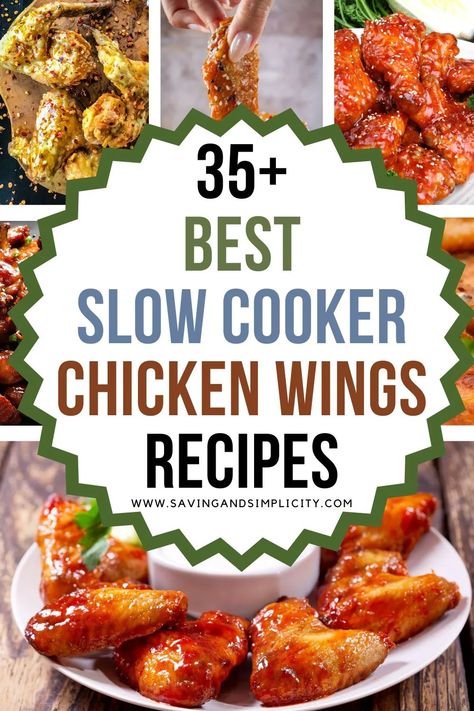 Easy to make appetizers.  Amazing game day food. Discover 35+ slow cooker chicken wings recipes for busy weeknight dinners.  Including honey BBQ chicken wings, spicy chicken wings, garlic parmesan chicken wings and many, many more wing recipes. Chicken Wings Garlic Parmesan, Wings Recipe Crockpot, Honey Chicken Crockpot, Wings Garlic Parmesan, Wings Slow Cooker, Frozen Chicken Crockpot, Wings Spicy, Spicy Chicken Wings Recipe, Chicken Wings Recipes