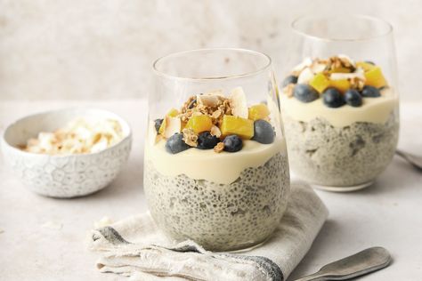 Fruit Chia Pudding, Mango Chia Pudding, Mango Passionfruit, Seville Orange, Chia Pudding Recipe, Orange Syrup, Eggless Cake Recipe, Mango Chunks, Chia Pudding Recipes