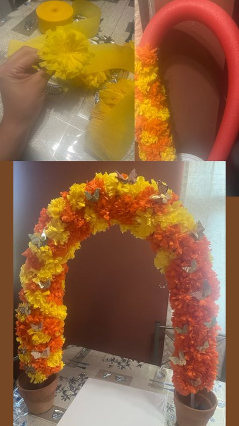 DIY flower arch for día de muertos/Day of the dead Pool Noodle Arch, Diy Flower Arch, Party Entrance, Flower Arch, Pool Noodle, Pool Noodles, Balloon Columns, Crepe Paper, Diy Flowers