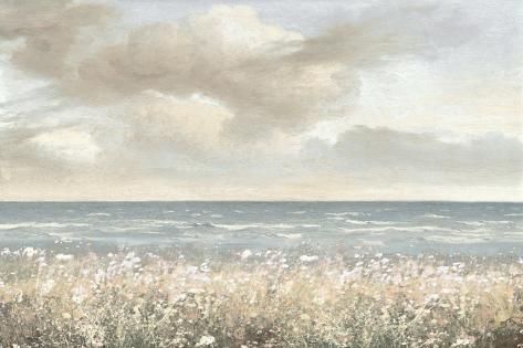 size: 18x12in Art Print: Vintage Coastal And Wildflowers, 2024 by Jesse Carter : Vintage Landscape Paintings, New Appartement, Drawing Scenery, Art Eyes, Vintage Coastal, Flowers Wall Art, Flowers Wall, Vintage Landscape, Coastal Art