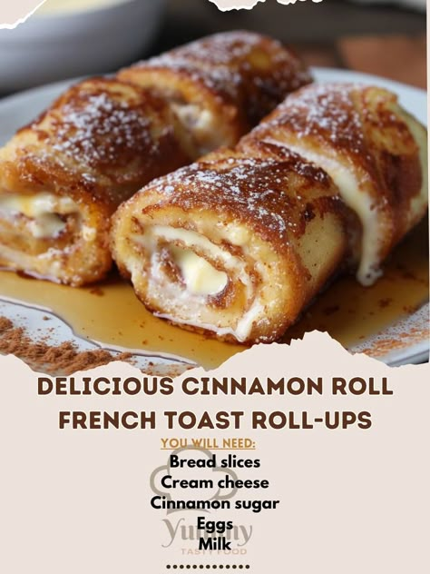 🍞🍯 Delicious Cinnamon Roll French Toast Roll-Ups - breakfast bliss! #FrenchToastRollUps #BreakfastGoals Delicious Cinnamon Roll French Toast Roll-Ups Ingredients: Bread slices (8, crusts removed) Cream cheese (4 oz, softened) Cinnamon sugar (1/4 cup) Eggs (2) Milk (1/4 cup) Butter (2 tbsp) Maple syrup (for serving) Instructions: Flatten bread slices; spread cream cheese and sprinkle with cinnamon sugar. Roll up tightly and set aside. Whisk eggs and milk in a bowl. Dip roll-ups in egg mixt... Tortilla Roll Ups Dessert, Cinnamon Roll French Toast Roll Ups, Breakfast Roll Ups, Recipes With Bread Slices, Cinnamon Roll French Toast Bake, Magical Food, Cinnamon Roll French, French Toast Roll Ups, Cinnamon Roll French Toast