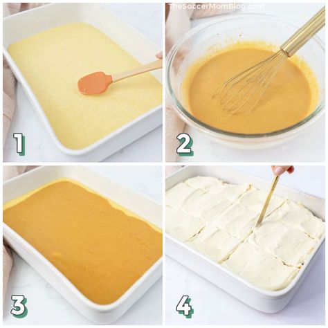 4 step photo collage showing how to make a layered magic pumpkin cake. Magic Pumpkin Cake, Pumpkin Dessert Bars, Pumpkin Magic Cake, Layered Pumpkin Dessert, Pumpkin Magic, Pumpkin Pie Cupcakes, Moist Yellow Cakes, Pumpkin Sheet Cake, Pumpkin French Toast