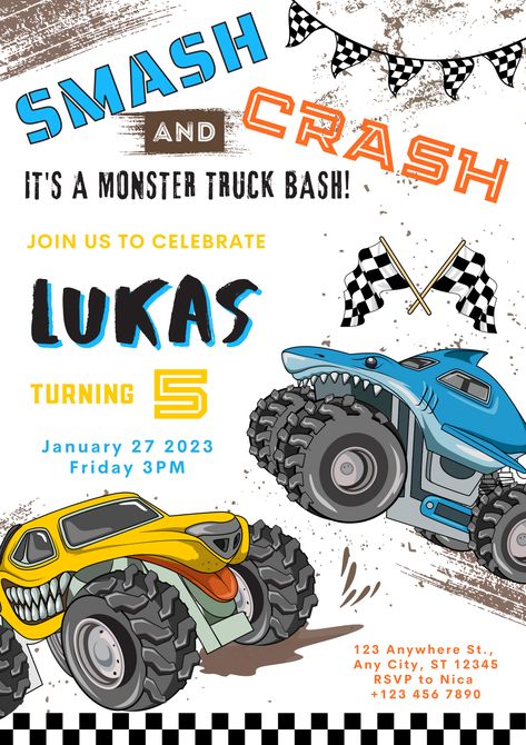 #Blue #Yellow #Monster #Truck #Boy #Birthday #Party #Invitation #Poster #birthdayboy #monstertruck #car #birthdayinvitation Monster Truck Invite Template, Monster Truck Birthday Party Invites, Monster Truck Theme 3rd Birthday Party, 2nd Birthday Monster Trucks, Monster Truck Birthday Invitations Free, 3 Year Monster Truck Party, Monster Truck Party Invite, Megalodon Monster Truck Birthday Party, Megladon Monster Truck Birthday Party