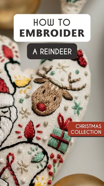 Christmas Embroidery Tutorial, Embroidery Reindeer, Long Short Stitch, Embroidered Christmas Ornaments, Long And Short Stitch, How To Stitch, Holiday Embroidery, Free Pdf Pattern, Christmas Embroidery Designs