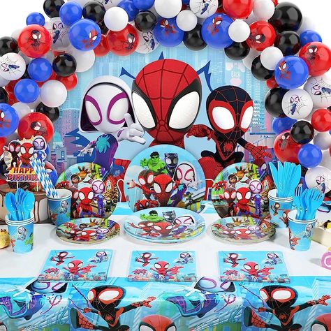 This set of spiderman and his amazing friends birthday party decorations includes spiderman backdrop, spiderman theme tablecloth, balloons kit, cups, plates (7 inches and 9 inches), napkins, spoons, forks, knife, straws, totally 10 sets of disposable tableware, enough to serve many guests; Since different party essentials are included, you can host a successful party so easily. Spidey Birthday Party Theme, Spidey And His Amazing Friends Birthday Party Decorations, Spidey And His Friends Birthday Party, Spiderman And Amazing Friends Birthday, Spider-man And His Amazing Friends Birthday Party, 2nd Birthday Spidey, Spiderman And Friends Birthday Party, Spiderman And His Amazing Friends Birthday Party, Spidey Birthday Party Decorations