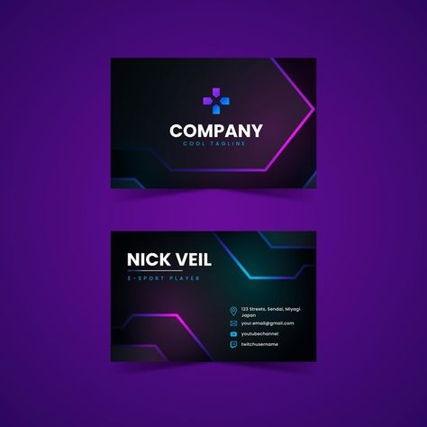 Gradient double-side business card Premi... | Premium Vector #Freepik #vector #business-card #business #office #presentation Gaming Business Card, Office Presentation, Joker Logo, Ux Design Principles, Business Car, Vector Gradient, Gradient Logo, Visiting Card Design, Visiting Card