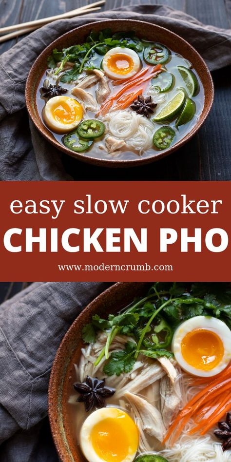 Simple Crock Pot Chicken, Slow Cooker Pho, Low Mein, Chicken Pho Recipe, Chicken Pho Soup, Chicken Philly, Vietnamese Chicken, Chicken Pho, Crockpot Meal