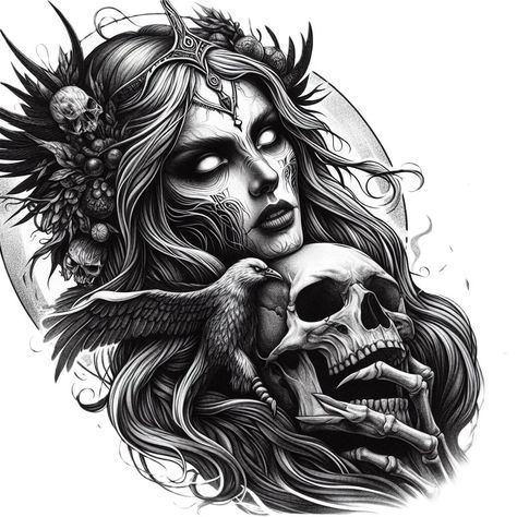 Hel Norse Mythology Tattoo, Nyx Tattoo Goddesses Greek Mythology, Persephone And Cerberus, Persephone And Cerberus Tattoo, Hel Goddess Tattoo, Goddess Tattoo Design Greek Mythology, Hades Underworld Tattoo, Hel Art Norse Mythology, Hades And Persephone Back Tattoo