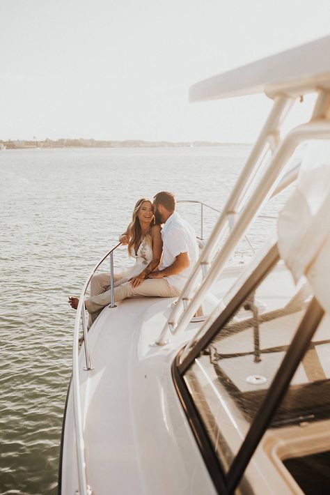 Boat Engagement Photos, Boat Engagement, Indian River Lagoon, White Beaded Dress, Booze Cruise, Glass Of Red Wine, Florida Adventures, Engagement Inspo, Engaged Couple