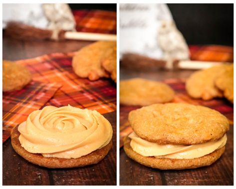 Crockpot Butterbeer, Butterbeer Cookies Recipes, Butterbeer Cookie, Buttercream Cookie Sandwich, Harry Potter Butterbeer Cookies, Butterbeer Cookies, Hat Cookies, Butterscotch Cookies, Butterscotch Pudding