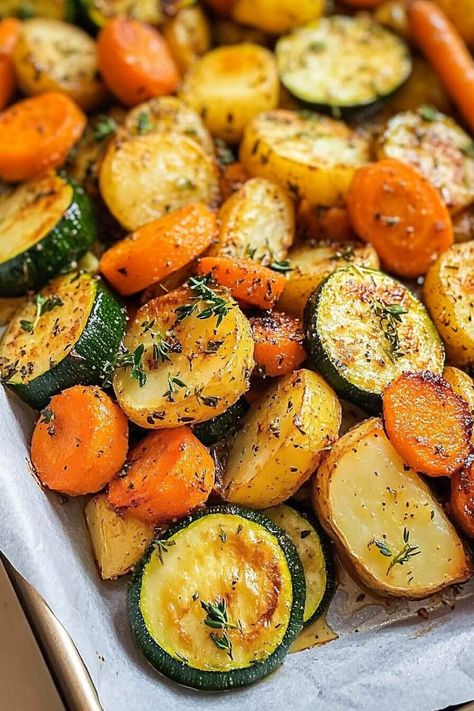 Garlic Herb Roasted Potatoes Carrots and Zucchini 10 Grilled Zucchini And Carrots, Garlic Herb Roasted Potatoes And Carrots, Garlic Herb Roasted Potatoes Carrots And Zucchini Recipe, Roasted Vegetable Side Dishes, Sautés Veggies, Potatoes Healthy Recipes, Roasted Potatoes And Vegetables, Sheet Pan Veggies, Garlic Herb Roasted Potatoes