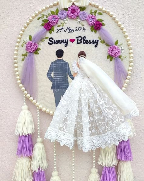 🤍💜 Customized handmade wedding hoop 💖🥳 . . Available in 12 inches ✨🤍 Dm us for order 🎁 . . .#embroideryhoop #weddinghoops #hoopartembroidery Wedding Hoop Embroidery Pattern, Wedding Hoop Embroidery, Embroidery Clock, Embroidery Hoop Designs, Embroidery Hoop Art Tutorial, Wedding Embroidery Hoop, Diy Quilling Crafts, Embroidery Hoop Art Diy, Wedding Hoop