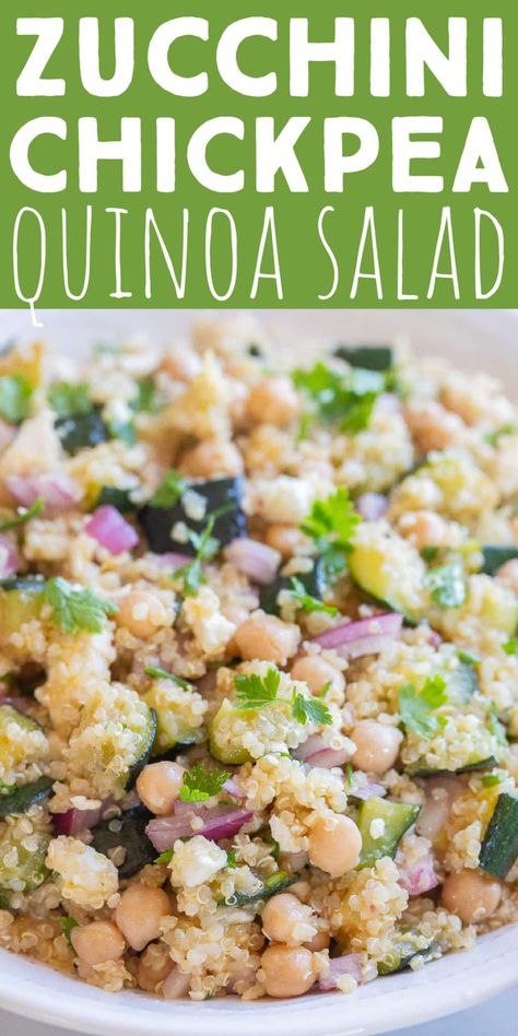 This Zucchini Chickpea Quinoa Salad is tossed in a zingy lemon dressing and packed with vegetables and protein. This delicious summer salad is great for meal prep lunches, a flavorful side dish or a filling afternoon snack. If you have an abundance of zucchini right now, this delicious quinoa salad is the perfect thing to make with it! #zucchinirecipe #quinoasalad #summerrecipe #vegetarian #potluckdish Quinoa Salad With Zucchini, Zucchini Quinoa Salad, Zucchini And Chickpeas, Quinoa And Zucchini Recipes, Follicular Phase Snacks, Quinoa Lunch Recipes, Zucchini Chickpea, Fall Quinoa Salad, Chickpea Quinoa Salad