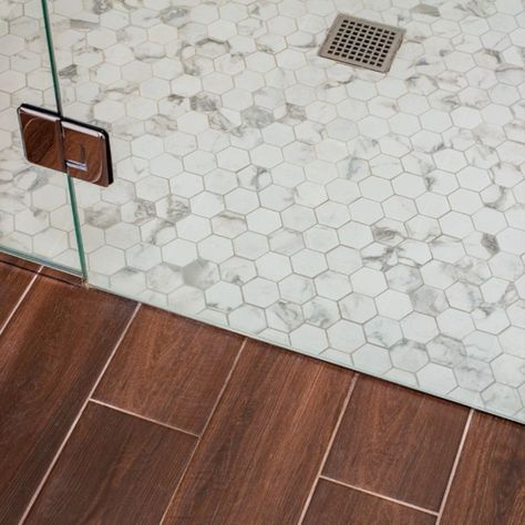 Shower Wood Floor, Shower Flooring, Shower Floor Tile Ideas, Wood Tile Bathroom Floor, Wood Floor Bathroom, Porcelain Bathroom, Marble Showers, Primary Bath, Shower Floor Tile