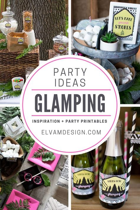 This Girls Gone Glamping Party is perfect for a bachelorette, bridal shower, or just a night in with the girls! Check out the ideas and party printables at elvamdesign.com to create your own backyard glamping party. Elva M Design Studio. #glampingparty Bachelorette Party Ideas Girl Night, Glamping Bachelorette Party, Glamping Inspiration, Glamping Birthday Party, Classy Bachelorette Party, Glamping Birthday, Glamping Party, Girls Night Party, M Design