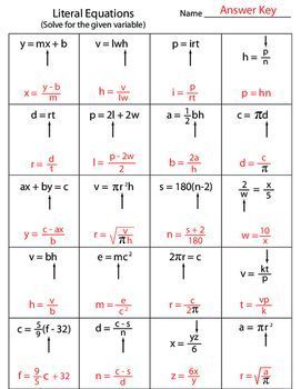 Solve literal equations with this worksheet. Includes 10 practice problems with answer key. Perfect for 8th grade math students. #math #worksheet Algebra Equations Worksheets, Algebra Interactive Notebooks, Pre Algebra Worksheets, Literal Equations, Solving Quadratic Equations, Teaching Math Strategies, College Algebra, Math Charts, Arrow Point