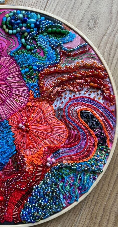 Bead Embroidery On Canvas, Embroidery Beads Designs, Beading Artwork, Stitching On Paper, Tambour Beading, Sequin Crafts, Abstract Embroidery, Textile Art Embroidery, Hand Beaded Embroidery