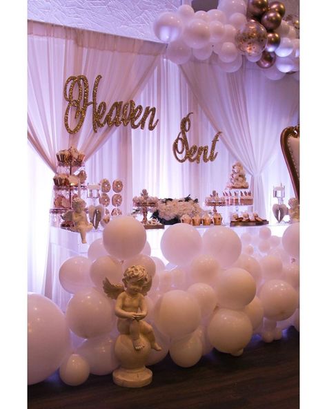 Angel Party Theme Decoration, Heaven Sent Backdrop Ideas, Heavenly Theme Decorations, Heaven Sent Gender Reveal Ideas, Angelic Baby Shower Theme, Gift From Heaven Baby Shower Theme, Baby Shower Heaven Sent Theme, Heavenly Sent Baby Shower Theme, Heaven Themed Baby Shower Ideas