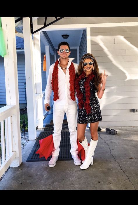 Elvis and Priscilla Presley #coupleshalloweencostumes #3rdHalloween Halloween Costumes Elvis And Priscilla, Elvis Couple Halloween Costume, Couples Costumes Elvis And Priscilla, Elvis Dress Up Ideas, Elvis Priscilla Costume, Priscilla Presley Shoes, Elvis Costume Ideas, Couples Decade Costumes, Elvis Couple Costume