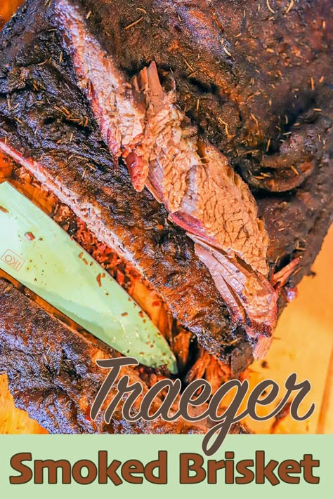 This tender and juicy Traeger Smoked Brisket Recipe takes 12+ hours from start to finish. But you know what they say, good things come to those who wait! #smokedbrisket #TraegerBrisket #HildasKitchenBlog Smoked Brisket Pellet Smoker Traeger, Beef Brisket Recipes Smoked Traeger, Beef Brisket Traeger Recipes, Smoked Brisket Traeger Recipes, Brisket On The Traeger, Brisket Smoked On A Pellet Smoker, Traeger Smoked Brisket, Brisket On Traeger Grill, Traeger Grill Recipes Brisket