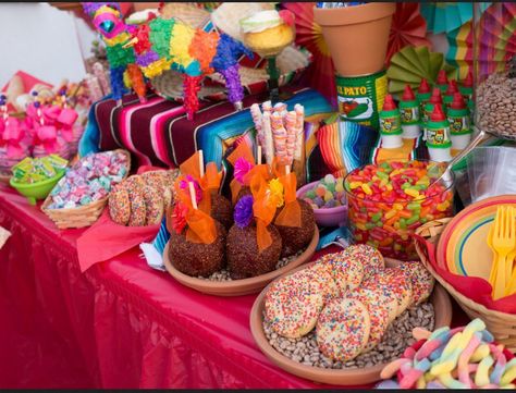 Fiesta Dessert Table By Sweet Rubia Mexican Candy Bar, Coco Party, Mexican Baby Shower, Mexican Theme Party, Mexican Birthday Parties, Mexican Party Decorations, Mexican Fiesta Party, Fiesta Birthday Party, Mexican Birthday