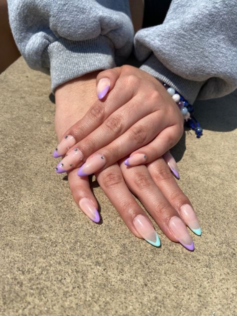 Almond french tip nails

I did an almond shaped gel nail with lilac purple french tip rounded design with some bling i did the other hand with lilac and mint green french tips. Mint Green And Purple Nails, Green French Tips, Purple French Tip, Purple French, Mint Green Nails, Green French, Almond Shape Nails, Almond Shaped, French Tips