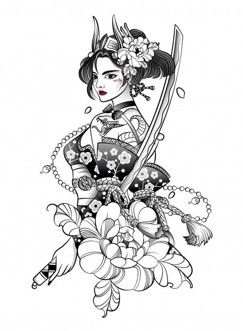 Japanese woman samurai with a big sword Premium Vector | Free Vector #Freepik #vector #freetree #freeornament #freewoman #freeman Woman Samurai, Tato Irezumi, Japanese Geisha Tattoo, Geisha Tattoo Design, Pin Up Girl Tattoo, Geisha Tattoo, Japan Tattoo Design, Tatuaje A Color, Japanese Sleeve