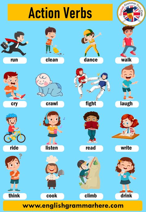 English Vocabulary; Action Verbs: List of Common Action Verbs, Definition and Examples ACTION VERBS Sentences established with verbs of action Oppgaver For Barn, Verbs For Kids, English Grammar For Kids, Verbs List, Grammar For Kids, Regular Verbs, English Activities For Kids, English Phonics, Learning English For Kids