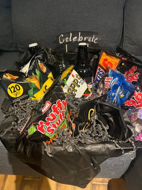 Orange And Black Gift Basket Ideas, Black Color Theme Basket, Color Party Black Basket Ideas, Boyfriend Basket Ideas Birthday Black, Colored Snack Baskets, Black Basket Party, Black Themed Gift Basket For Him, Colored Basket Party, Color Themed Gift Baskets Party