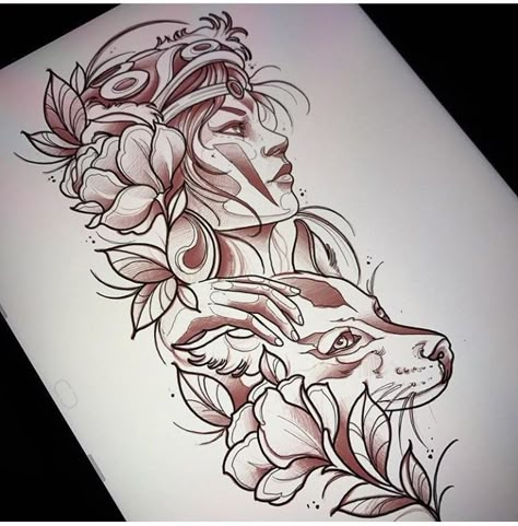 235 Captivating Princess Mononoke Tattoos Designs and Ideas - TattoosBoyGirl Neo Traditional Sleeve Tattoo For Women, Neo Trad Sleeve, Wolf Girl Tattoos, Princess Mononoke Tattoo, Tatuaje Studio Ghibli, Petit Tattoo, Ghibli Tattoo, Muster Tattoos, Geniale Tattoos