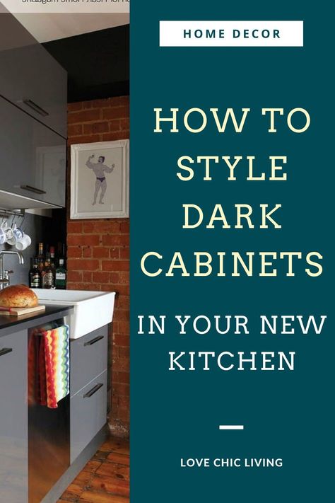 Dark cabinet kitchen styling guide to using dark kitchen cabinets in your open kitchen design. Stylish kitchen storage doesn't have to be white or cream, here's how I designed my kitchen with black countertops while keeping the space feeling open and bright. 5 ways to incorporate dark kitchen cabinets into your kitchen design. These kitchen style ideas will have you planning a kitchen renovation | Hot kitchen trends you need to try | Dark Home Interior, Brighten Kitchen, Small Kitchen Colors, Kitchen With Dark Cabinets, Dark Grey Kitchen Cabinets, Kitchen Soffit, Black Kitchen Countertops, Design My Kitchen, Dark Grey Kitchen