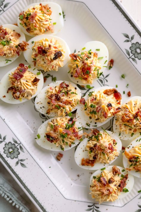 Pimento Cheese Deviled Eggs with Crispy Bacon - Fueling a Southern Soul Pimento Deviled Eggs, Best Southern Deviled Eggs, Deviled Eggs With Candied Bacon, Candied Bacon Deviled Eggs, Deviled Eggs Bacon, Pimento Cheese Deviled Eggs, Scalloped Sweet Potatoes, Southern Deviled Eggs, Sweet Potato Dessert