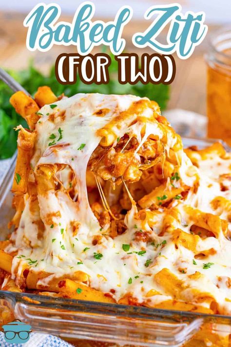 A serving utensil getting a large serving of Baked Ziti for Two out of a baking dish. Baked Ziti For Two, Easy Two Person Meals, Ziti For Two, 1 Person Meals, Recipes For Two People Dinners, Easy Dinner Recipes For 2, Small Dinner Ideas, Easy Recipes For One, Pasta For Two