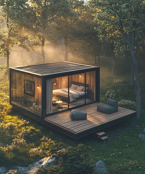 Glass Forest House, Small Eco House, Modern Forest House, Modern Glass House, Cabin Modern, Glass Cabin, Woodland House, Forest Cottage, Tiny House Inspiration