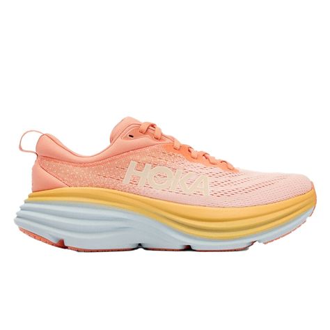 HOKA Women's Bondi 8 Medium Shell Coral/Peach Parfait 1127952-SCPP HOKA's new and improved Bondi 8 offers the cushioned comfortability we all know and love! This ultralight shoe is made with even lighter materials this time around that offers all-day comfort and support. The new Bondi 8 features an extended heel for more pressure distribution, softer and lighter foam, and a pillowed tongue for maximum comfort. Meta-rocker evenly distributes pressure throughout the foot, taking pressure off the h Hoka Bondi 8, Working Shoes, Hoka Shoes, Crash Pad, Training Sneakers, Designer Trainers, Coral Peach, Hoka One One, Shoe Fits